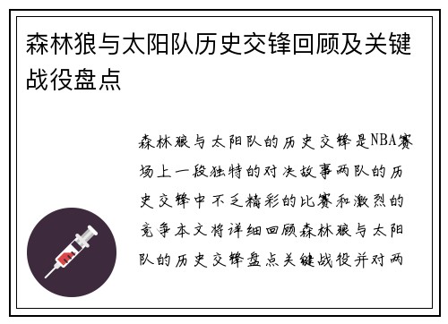 森林狼与太阳队历史交锋回顾及关键战役盘点