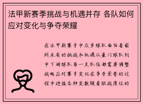 法甲新赛季挑战与机遇并存 各队如何应对变化与争夺荣耀