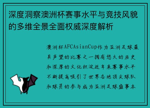 深度洞察澳洲杯赛事水平与竞技风貌的多维全景全面权威深度解析